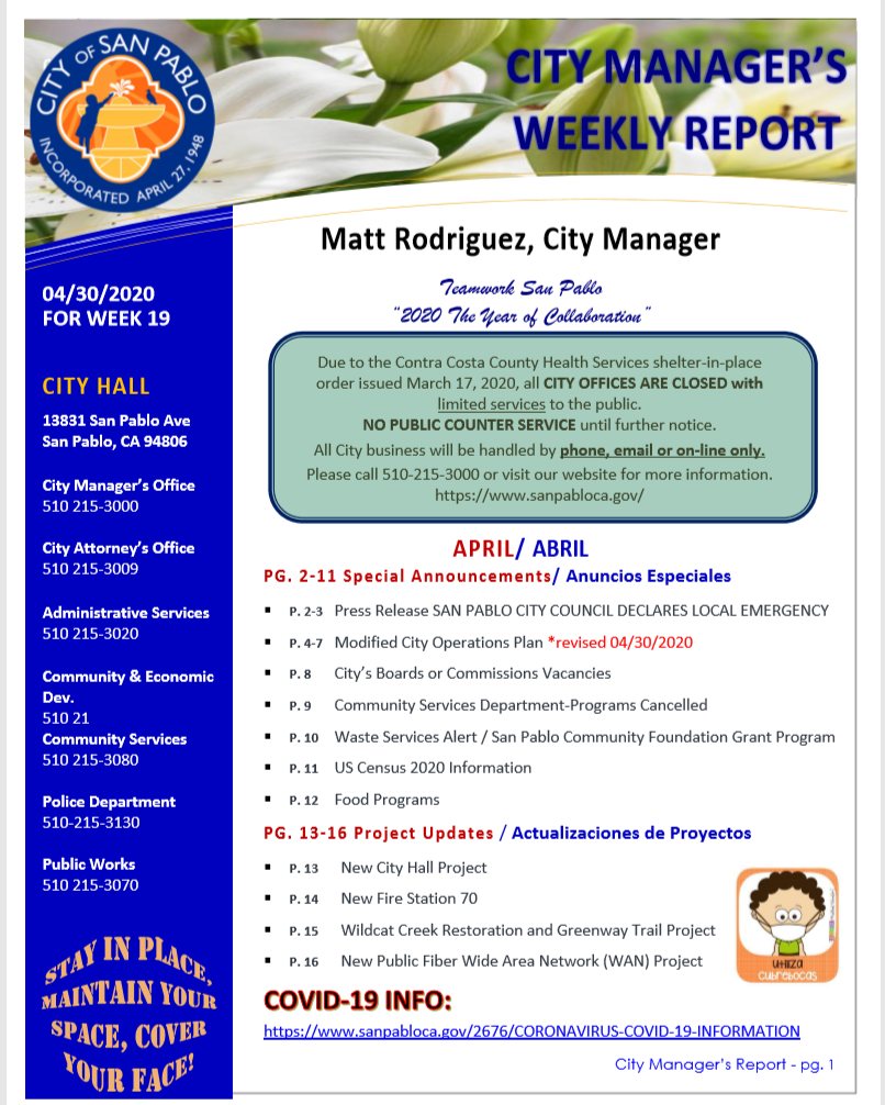 City Manager Report -Week 19 April 30, 2020