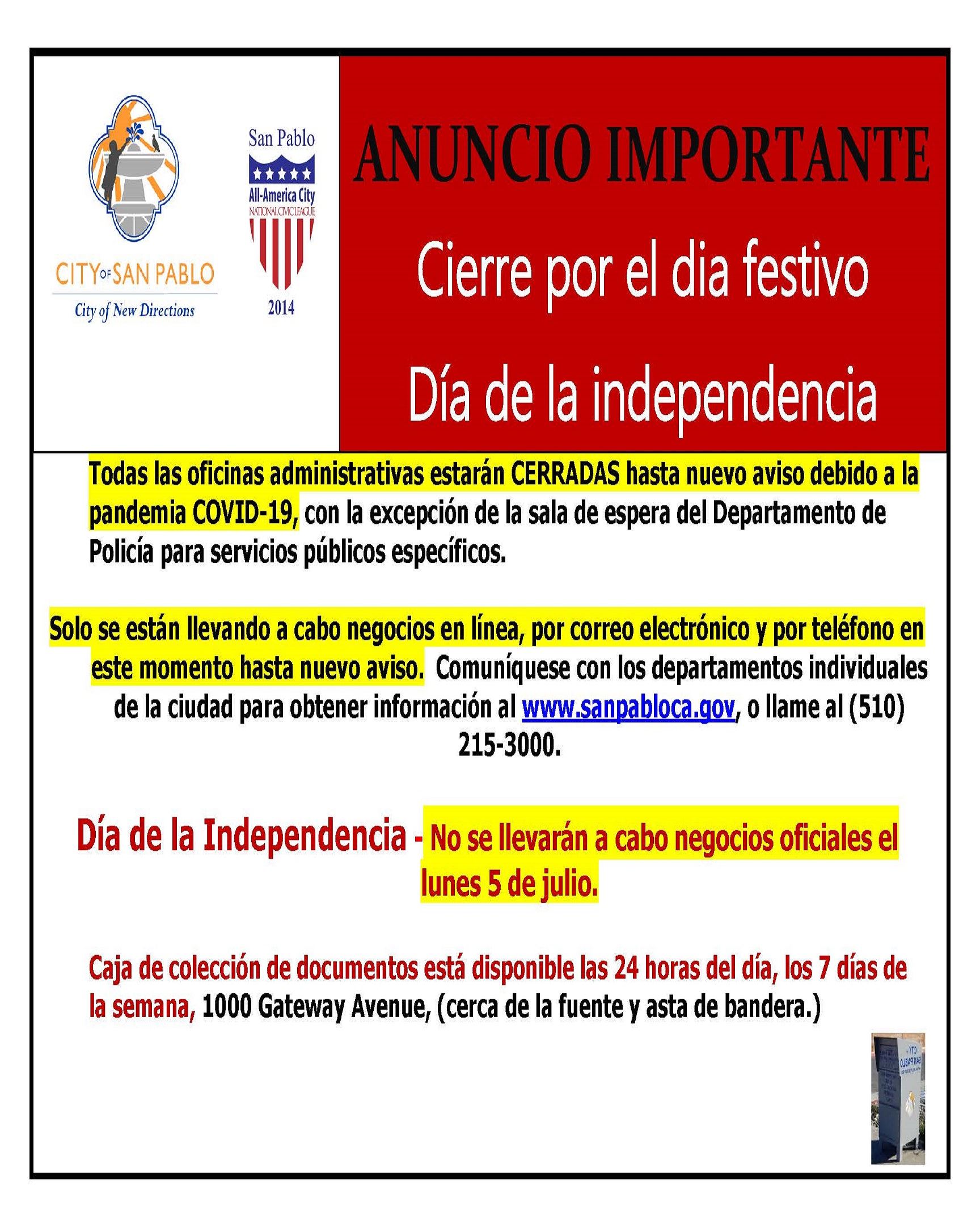 Independence Day 2021 Holiday  Closure Notice Spanish