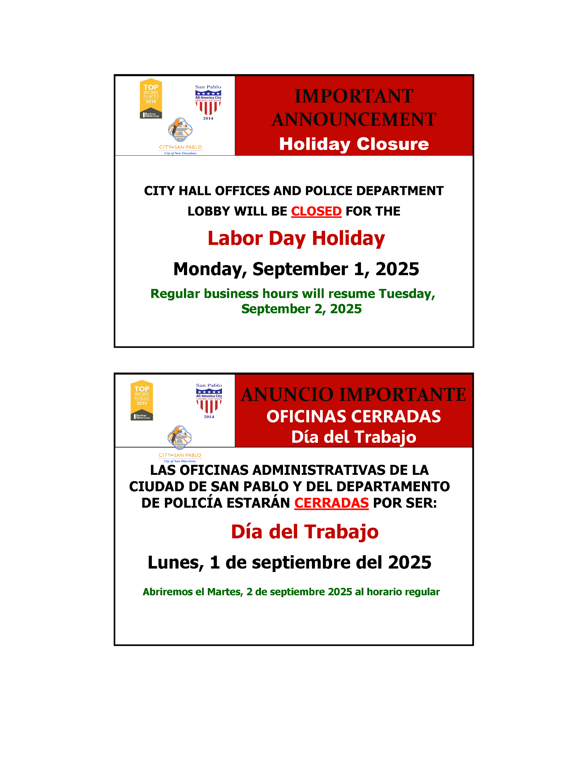 Labor Day 2025 Holiday Closure Notice