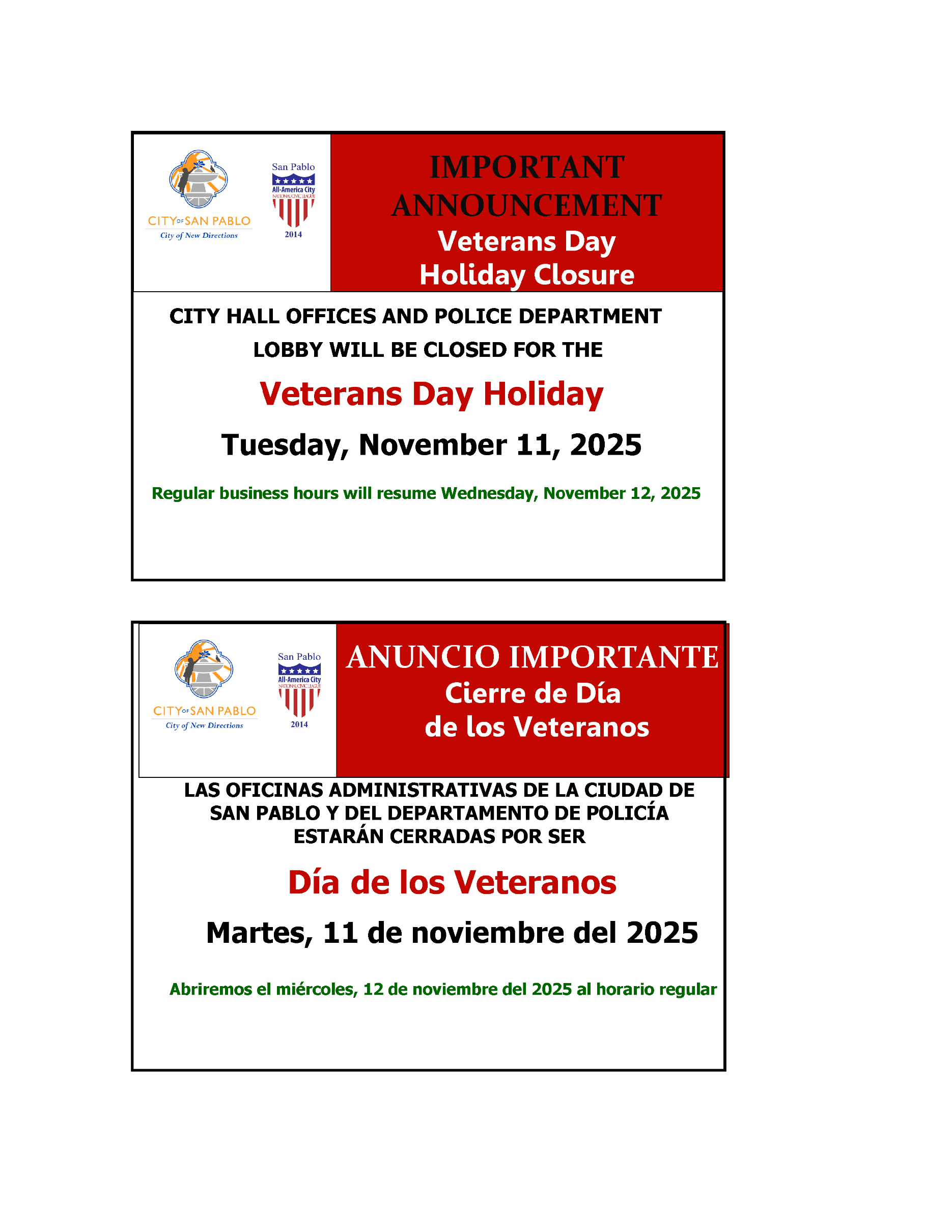 2025 Veteran's Day Holiday Closure Notice