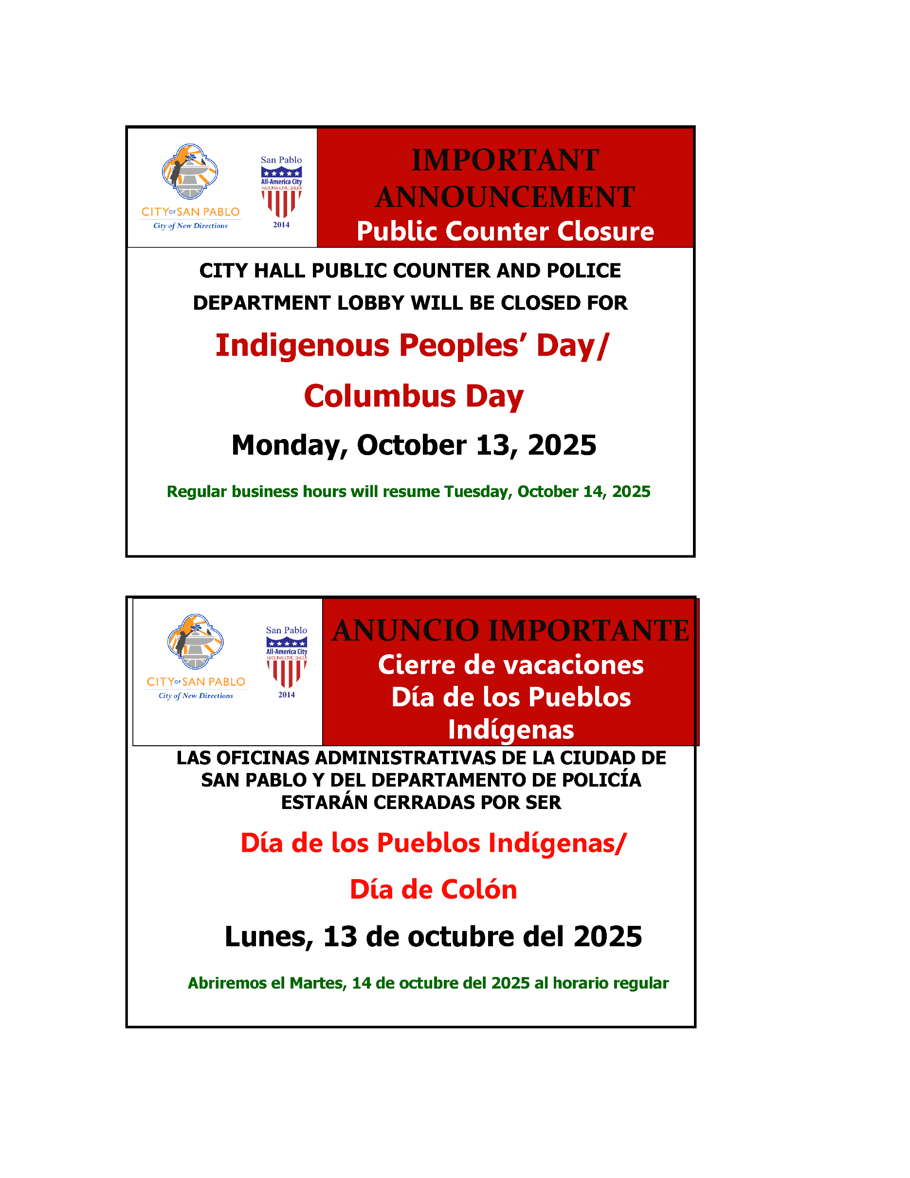 2025 Indigenous Peoples Day Closure Notice BOTH