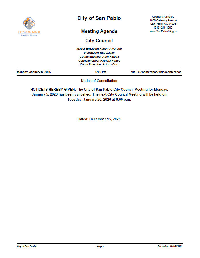 PHO City Council Notice of Cancellation