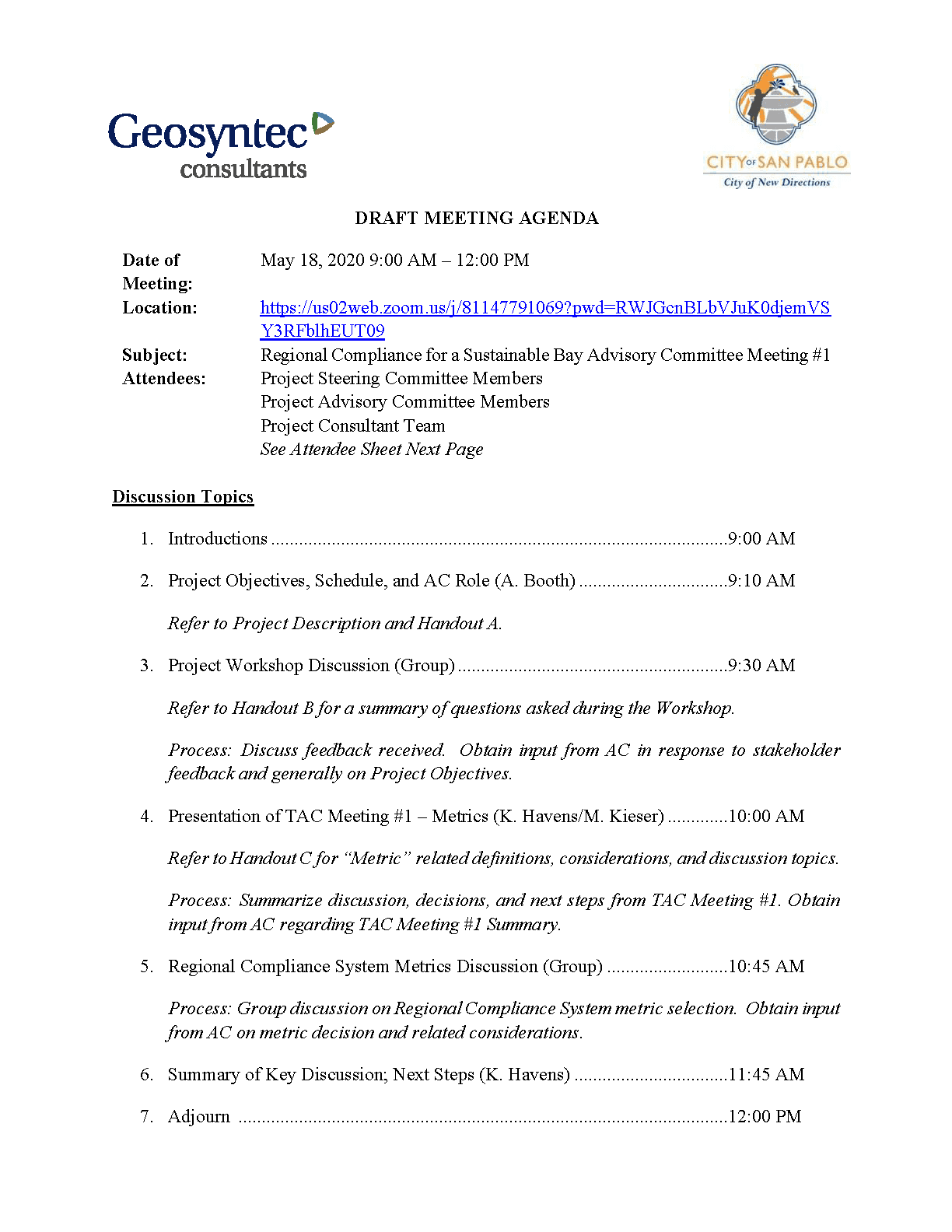 Advisory Committee #1 Meeting Agenda Opens in new window